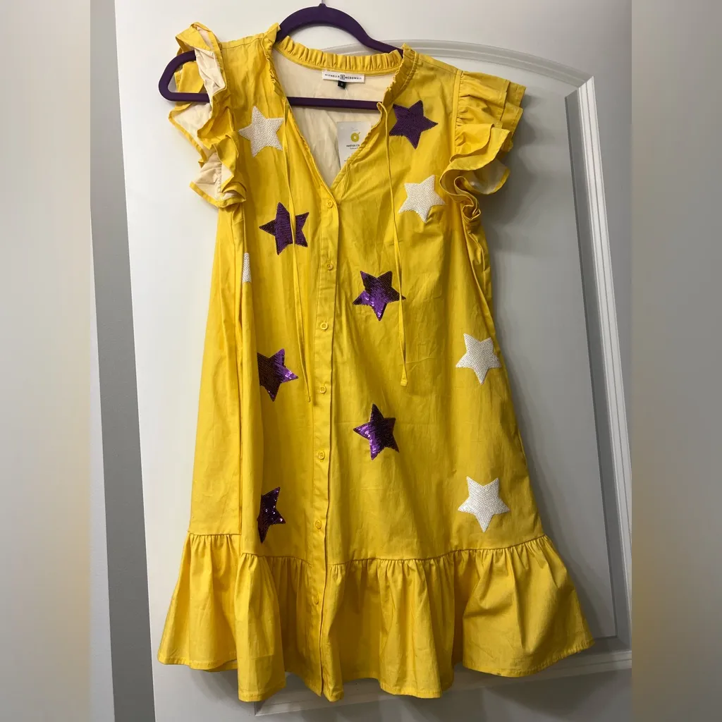 Yellow Starry Mini Dress with Ruffle Sleeves - Image 3