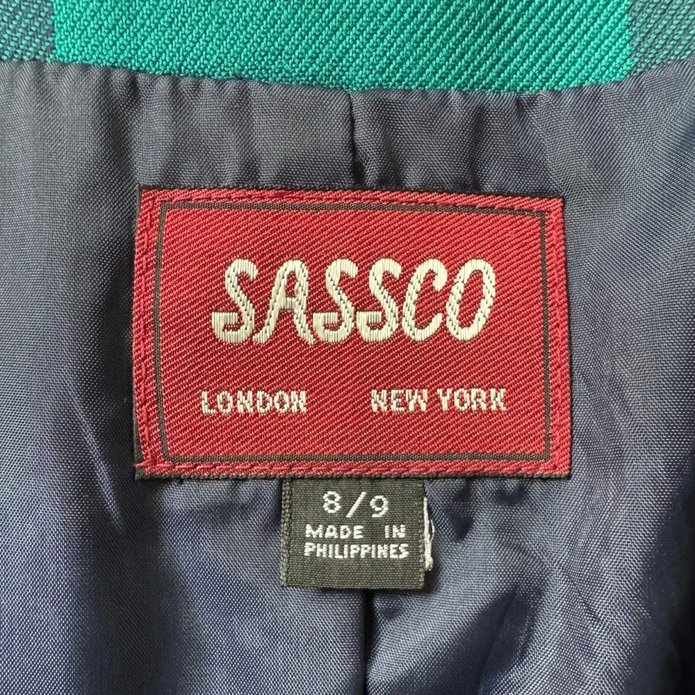 Vintage ‘90s Sassco Teal & Navy Blue Plaid Collarless Single Breasted Blazer Size M - Image 5