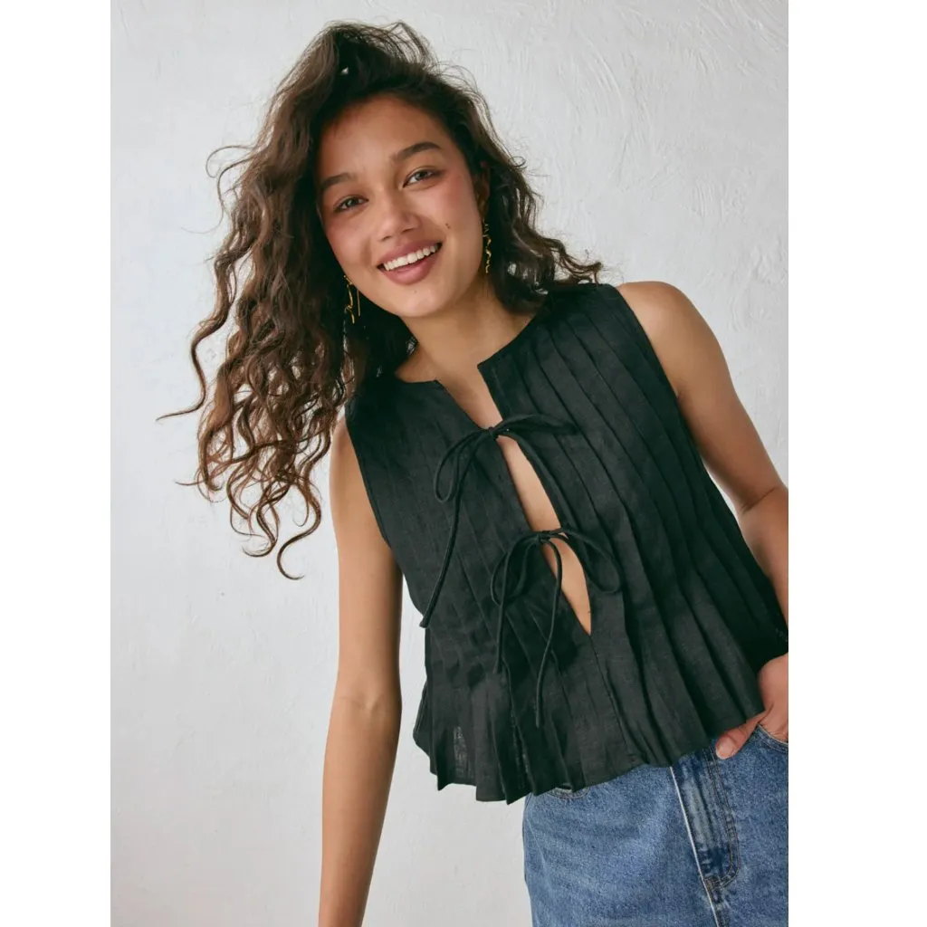 NEW VRG GRL Valeria Linen Top Black AU 10 US 6 Pleated Front Ties Sleeveless - Image 10