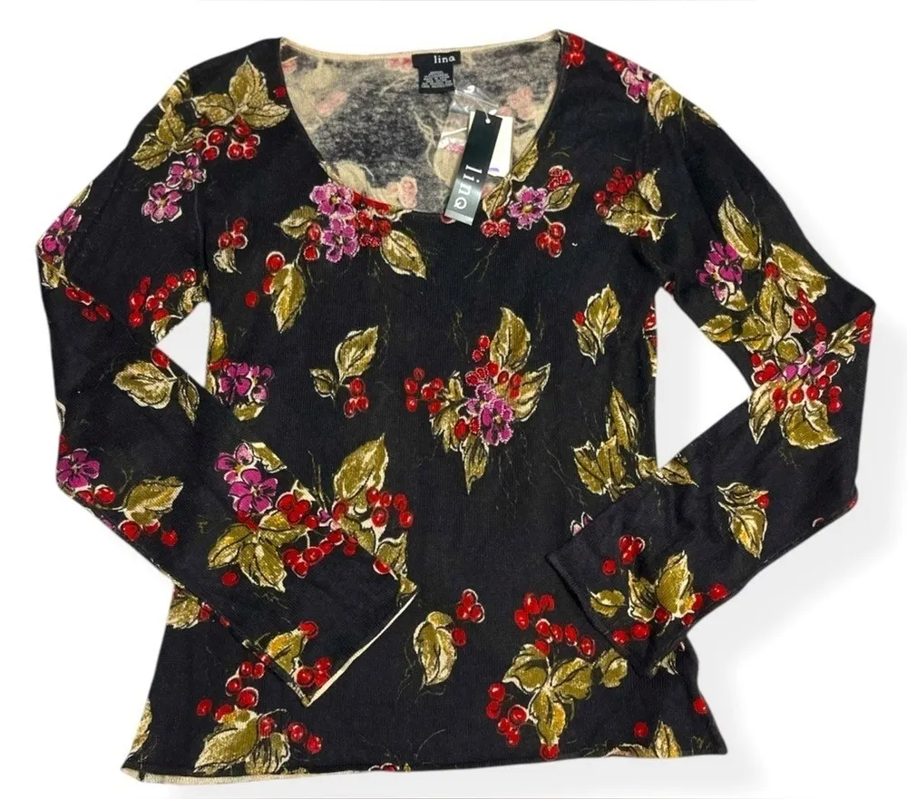 Linq Floral Black Lightweight Long Sleeve Top Size Medium Dark‎ Academia NWT - Image 1