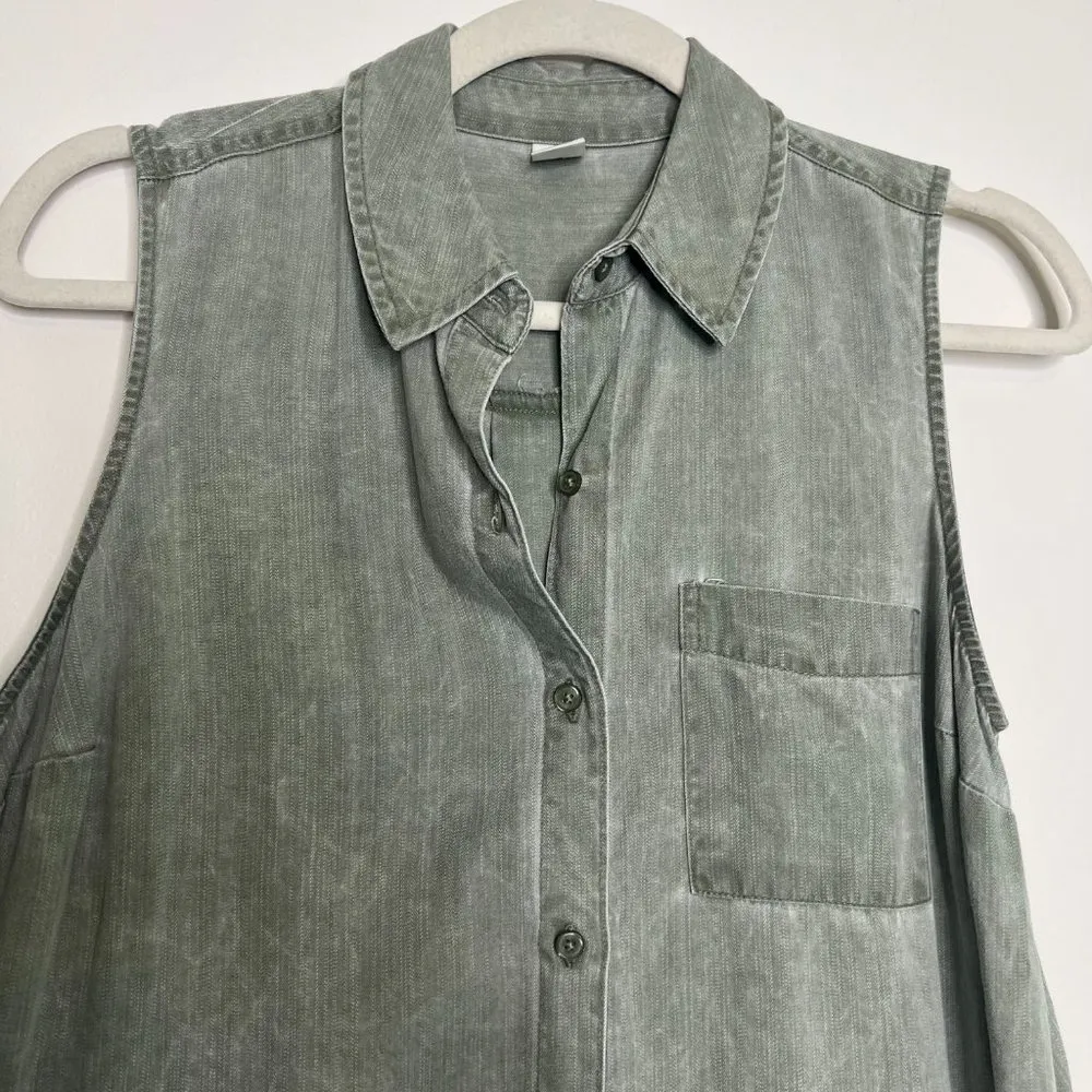 Old Navy Olive Green Gray Tank Swing Shirt Dress Button Front Flowy Loose Pocket - Image 4