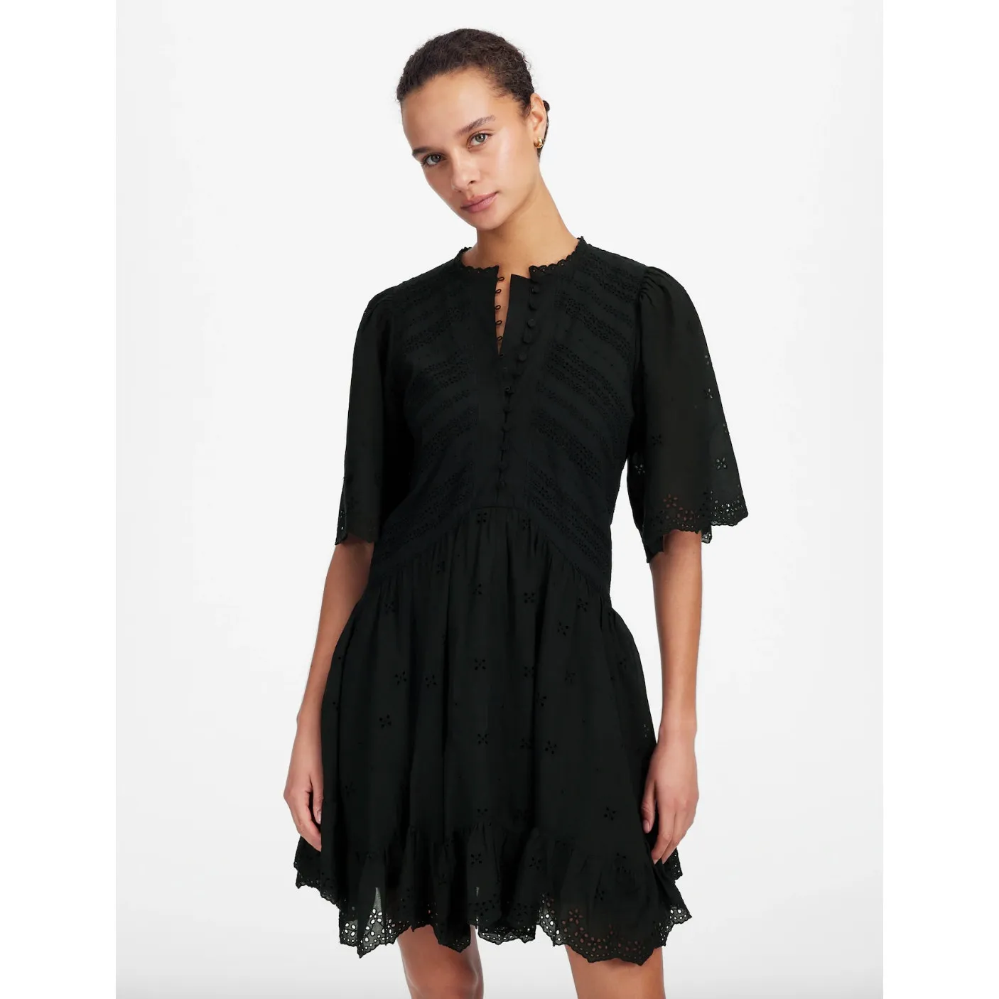 Madewell Eyelet Flutter Sleeve Mini Dress Cotton Boho Cottage Jet Black US 8 NWT - Image 2