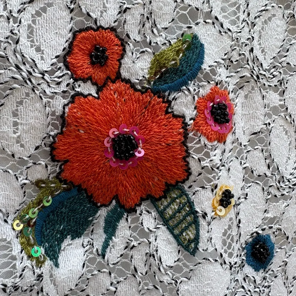 Anthropologie Maeve Maci White Lace Top with Floral Multi-Color Embroidery - Image 3