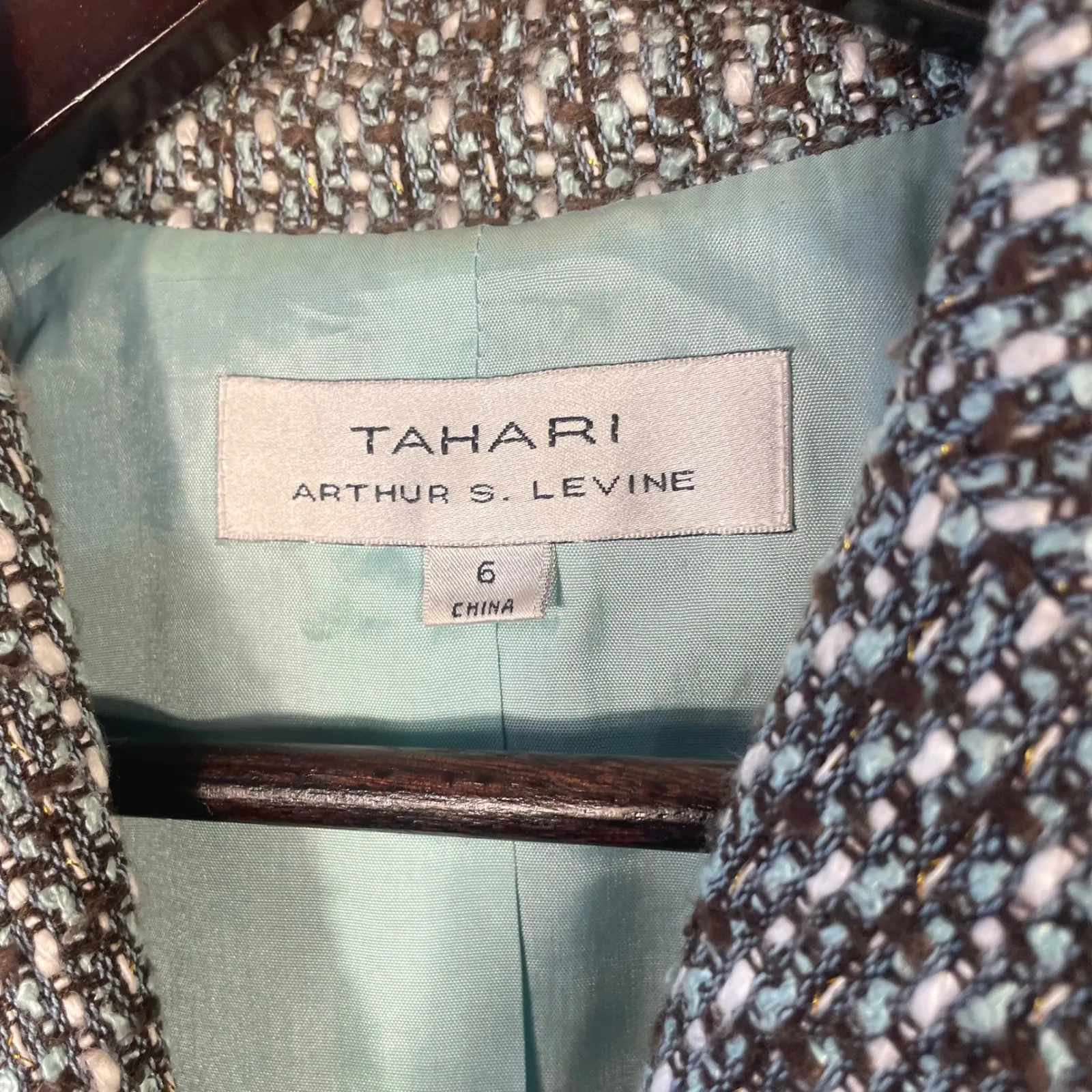 Tahari Arthur‎ S. Levine Women's Tweed Blazer Jacket 6 Black Teal Lace Trim - Image 9