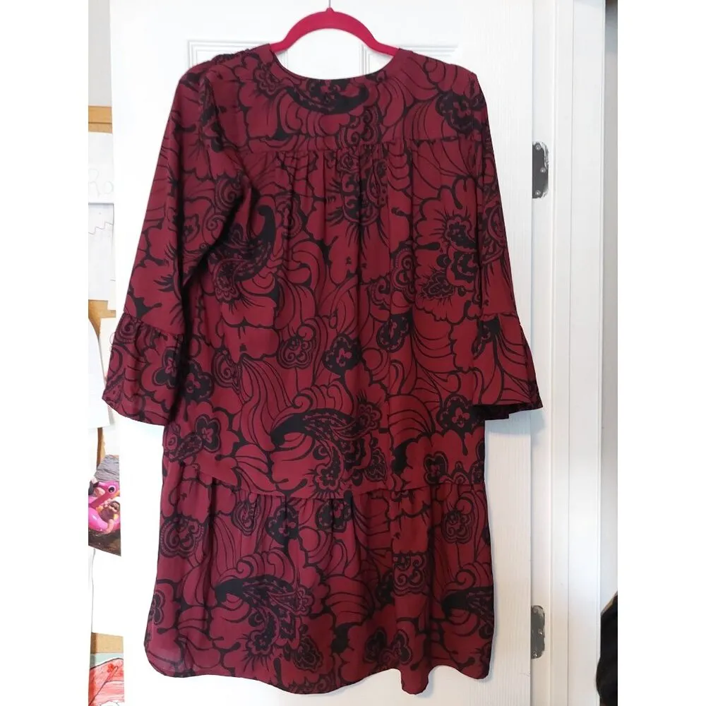 Loft Womens Floral Dress S Bohemian Style Burgundy & Black - Image 5