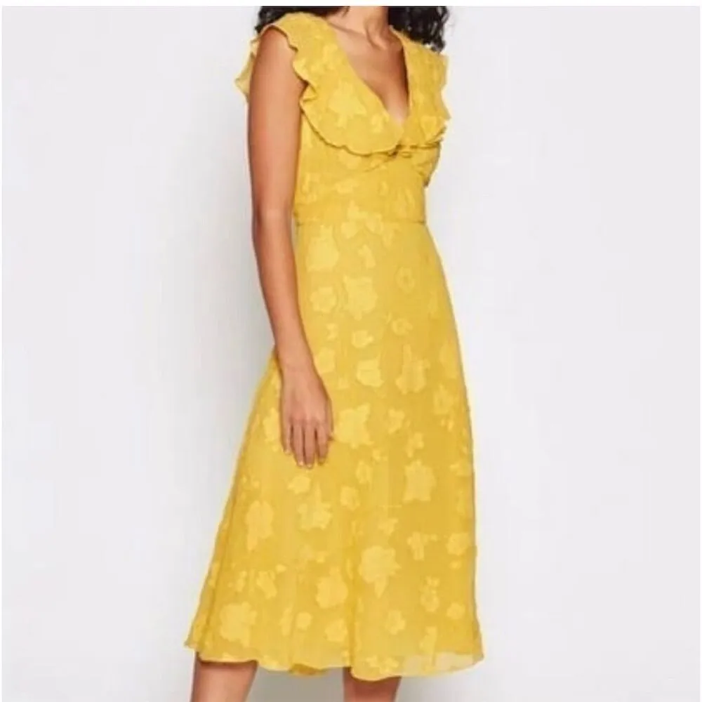 Joie Adella Yellow Ruffle Trimmed Floral Embroidered Midi Dress Size 4 - Image 2