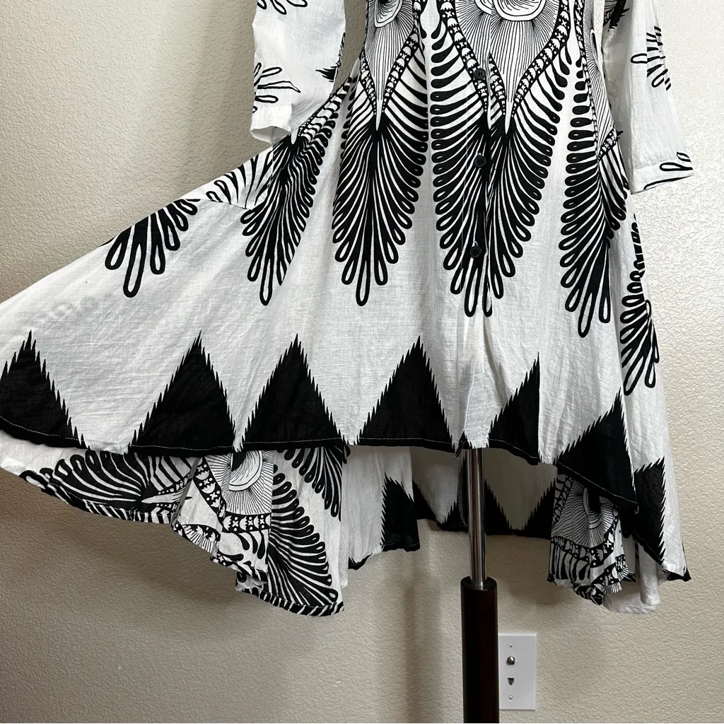 Step In Style Boho Peacock Feather Button Down Asymmetrical Midi Dress, Sz PS Black - Image 5