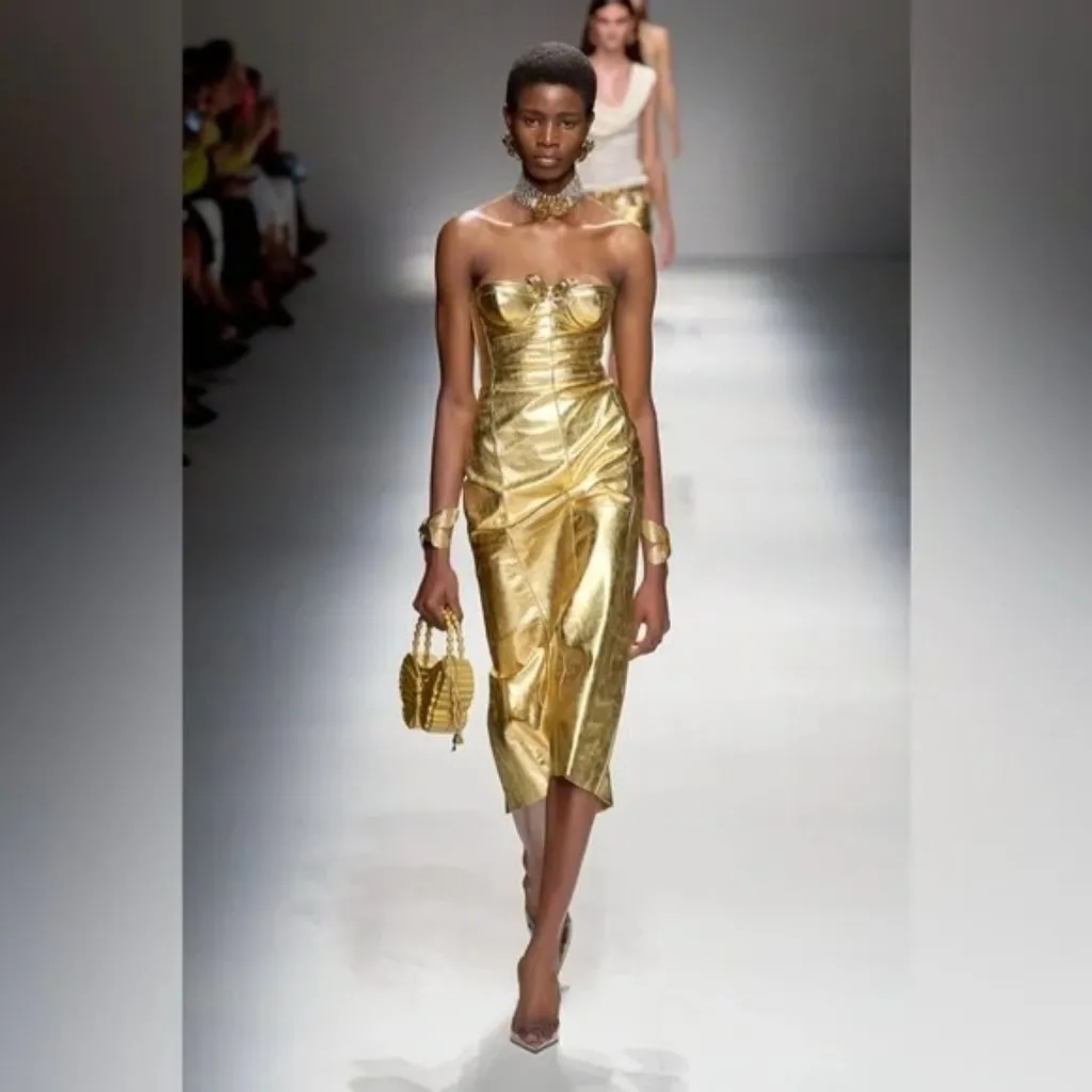 Blumarine Strapless Midi Dress in Gold 42 New Womens Leather Strapless Runway Size undefined - Image 16