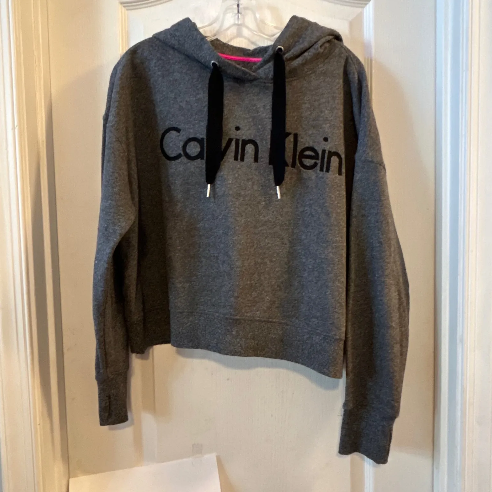 Calvin Klein Performance Gray Cropped Hoodie Logo Athletic Thumbholes L/G - Image 6