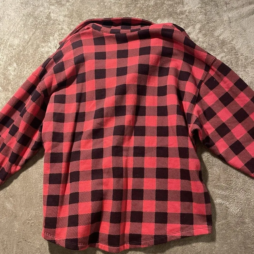 Victoria Secret PINK Shirt M Black Red Checkered Buffalo Plaid Fleece Oversized - Image 3