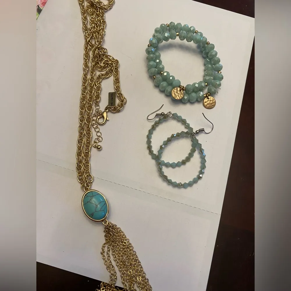 Gold & Turquoise Necklace from  w/ Matching Beaded Bracelets & Hoops - Image 2