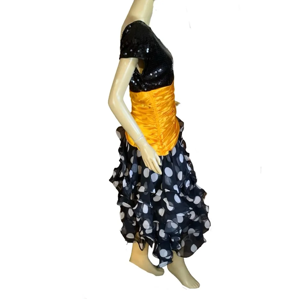 VINTAGE 1980'S PAT RICHARDS BLACK & YELLOW SEQUIN & POLKA DOT RUFFLE DRESS (8) - Image 4