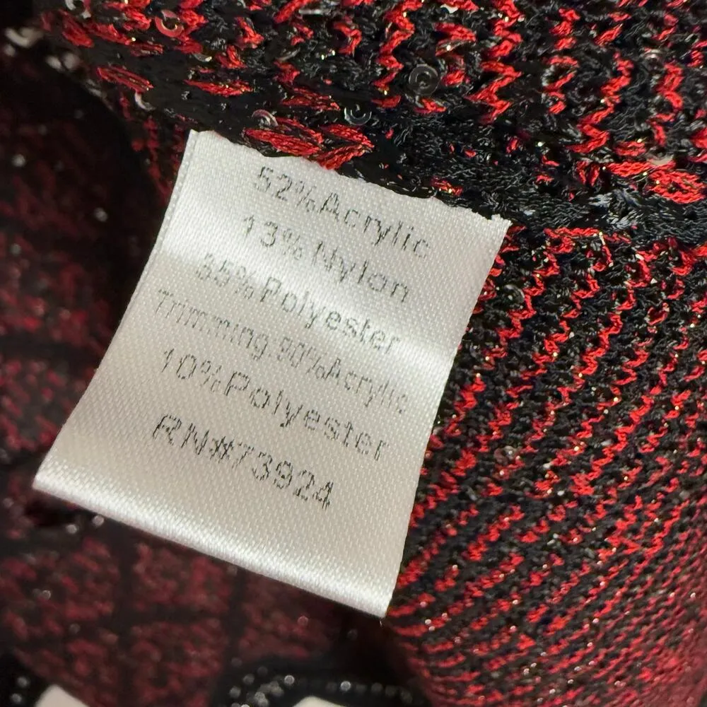 Misook  Crochet Chain Trim Mini Sequin Knit Jacket Crimson Red Black Size Medium - Image 12