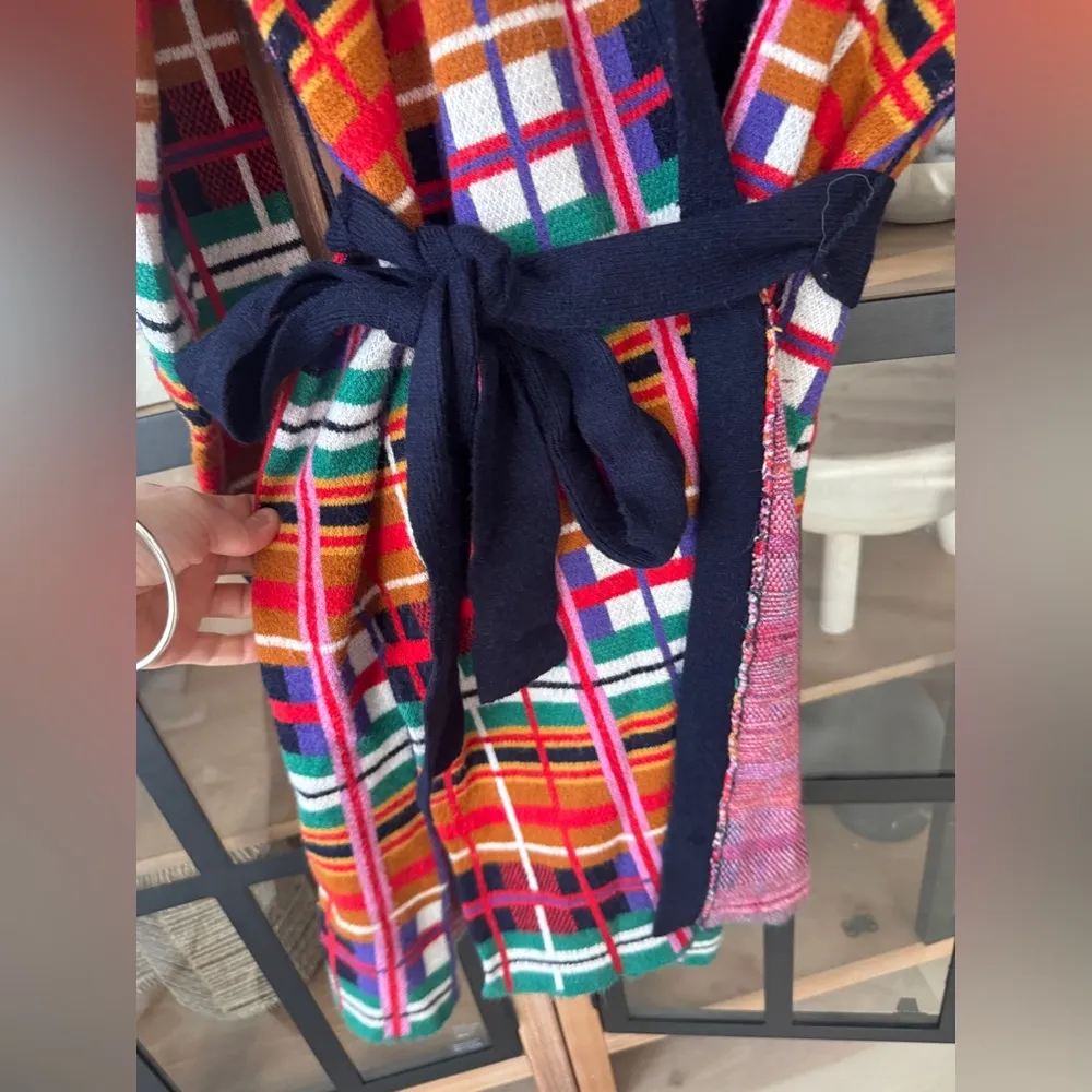 Anthropologie Moth Williston Plaid cardigan colorful knit tie waist coat sweater Red Size M - Image 8