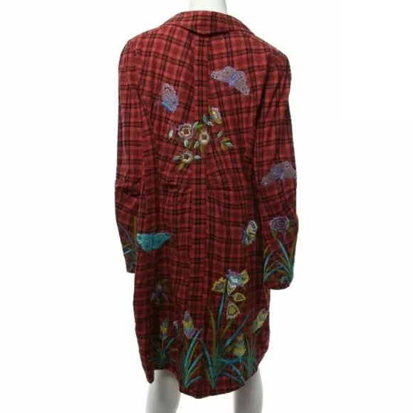 Anthropologie Chan Luu Long Jacket L Plaid Red Embroidered Floral Butterfly - Image 2