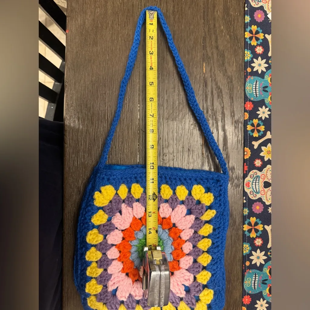 Colorful Crochet grandmacore handmade yarn Bag felt lined royal blue 9x9 inch - Image 3