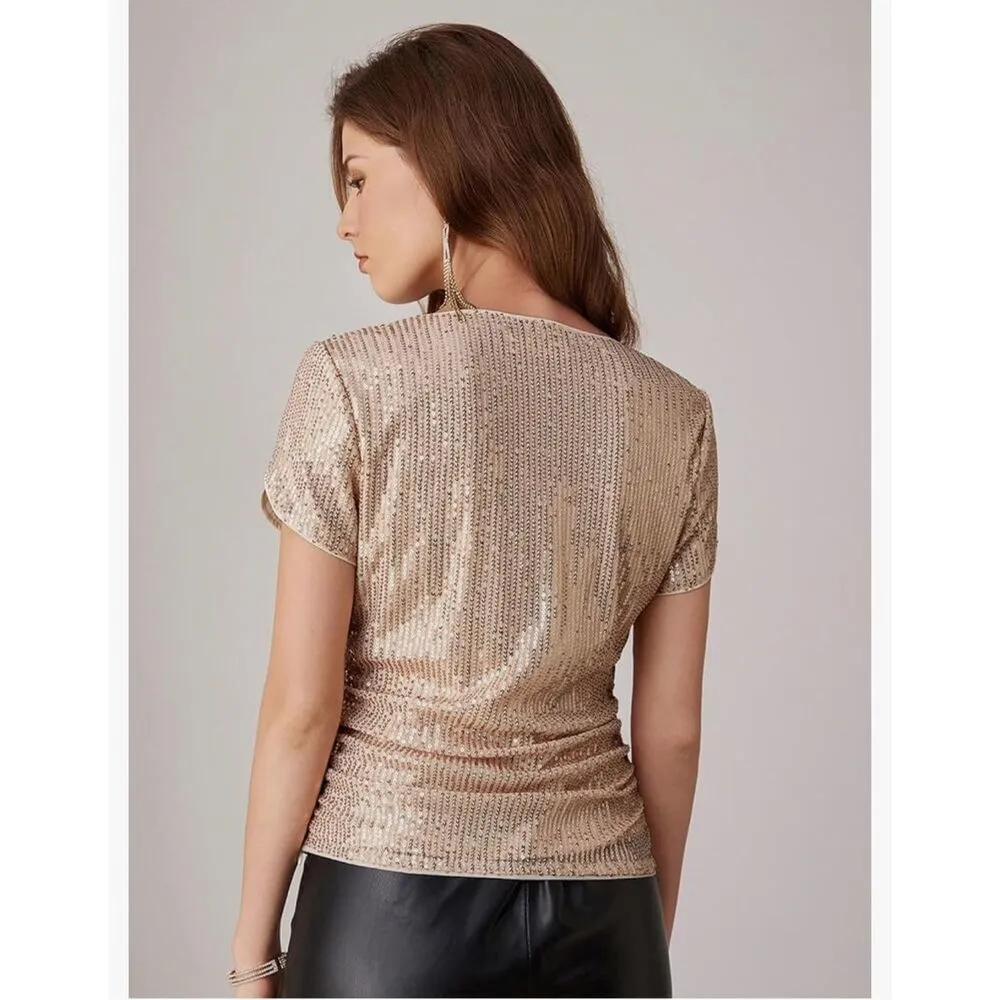 NEW Sparkly Sequin Top Glitter Tulip Sleeve V Neck Club Shirts L - Image 2