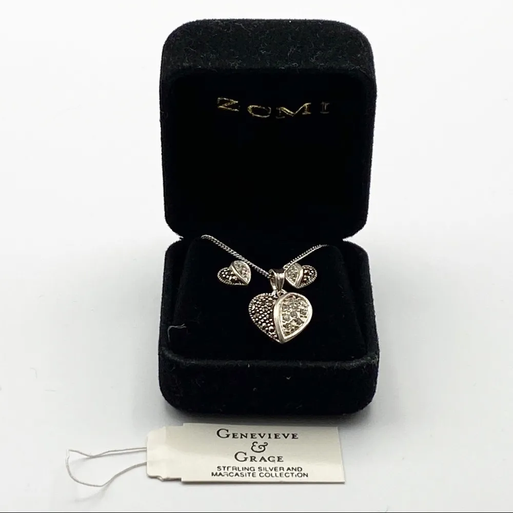 Sterling Marcasite Heart Necklace & Earrings - Image 6