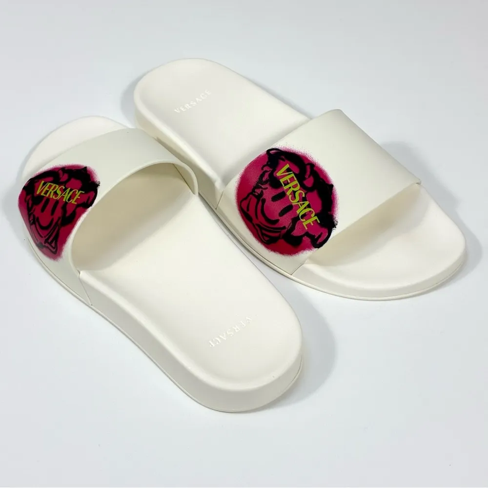 Versace Medusa Smiley Slide Sandals White Fuchsia 7 US 37 EU NEW - Image 13