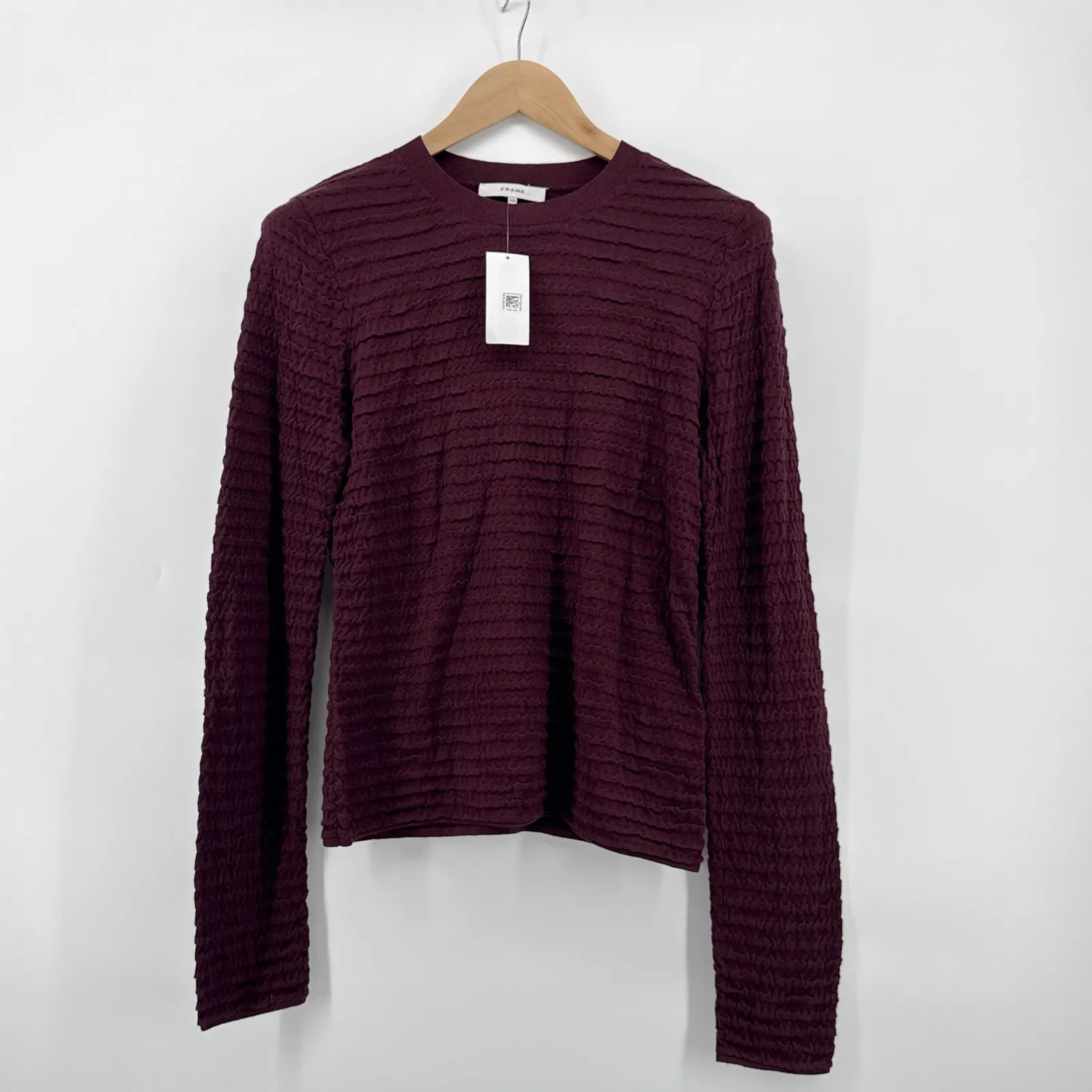NEW NWT FRAME Womens Smocked Silk-Cotton Long Sleeve Crewneck Top Large Wine‎ - Image 3