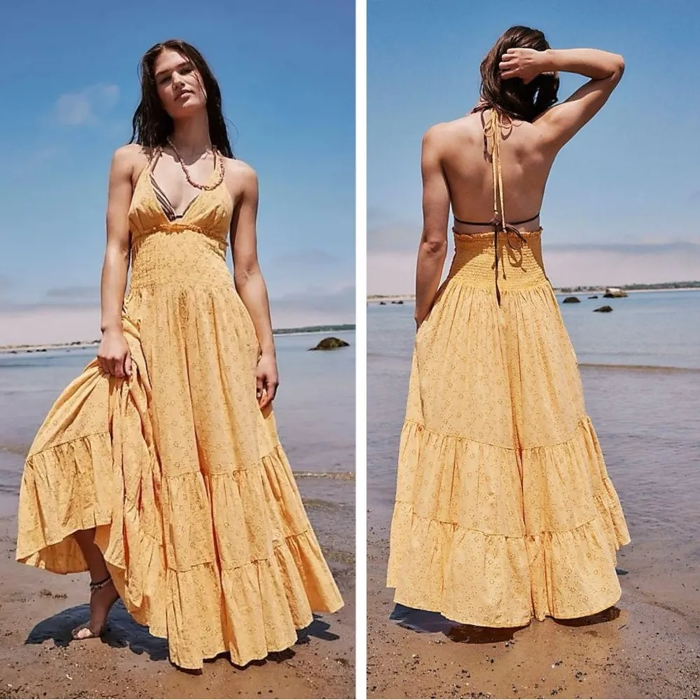 Free People Ethereal Bohemian Eyelet Lace Ruffle Halter Maxi Dress Large NEW - Image 3