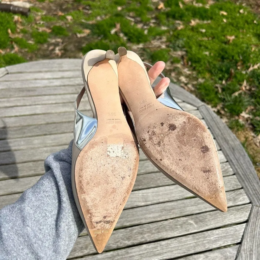 Nude Kitten-Heel Slingback Pumps by miu miu size 36 1/2  nude silver‎ 6 - Image 8