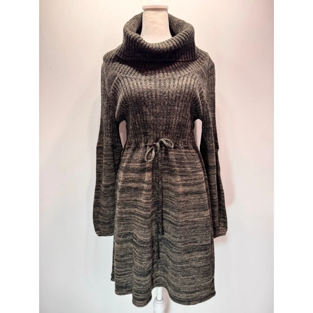 Calvin Klein Brown & Black Sweater Dress Cowl Neck Knee Length Cottagecore Boho Size L - Image 2