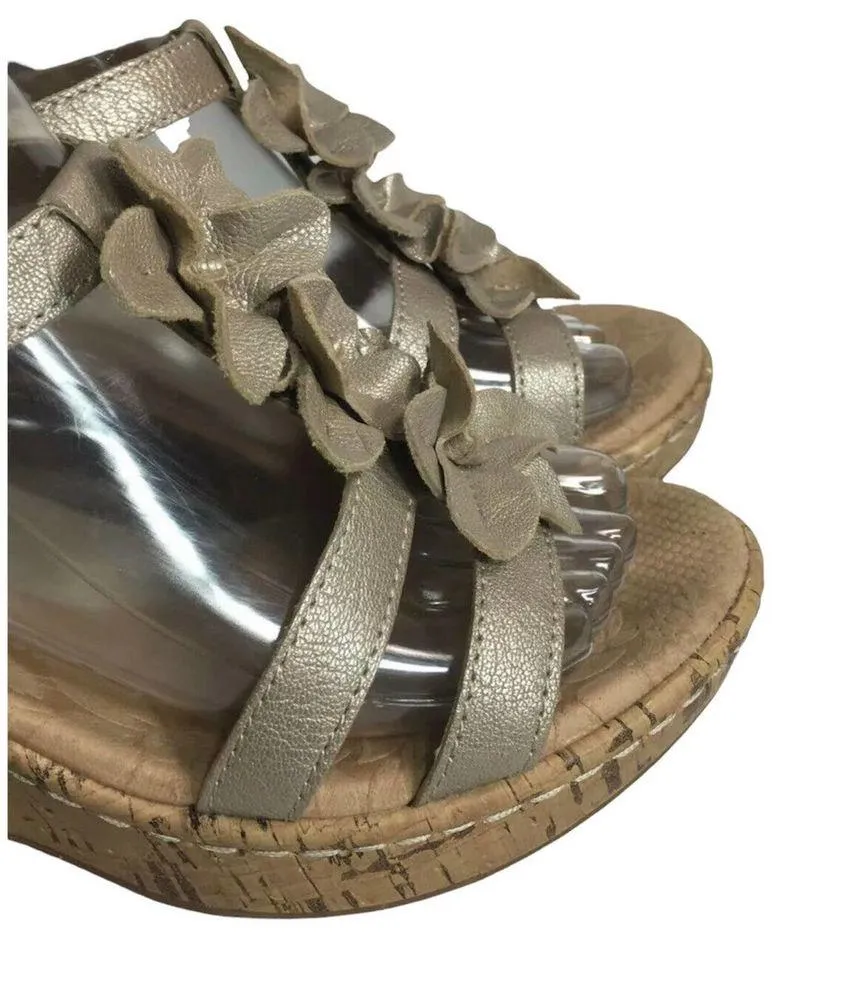 Womens Browns Landing Sicily Champagne Gold Leather Flower Cork Wedge Sandals 7M Size 7 - Image 5