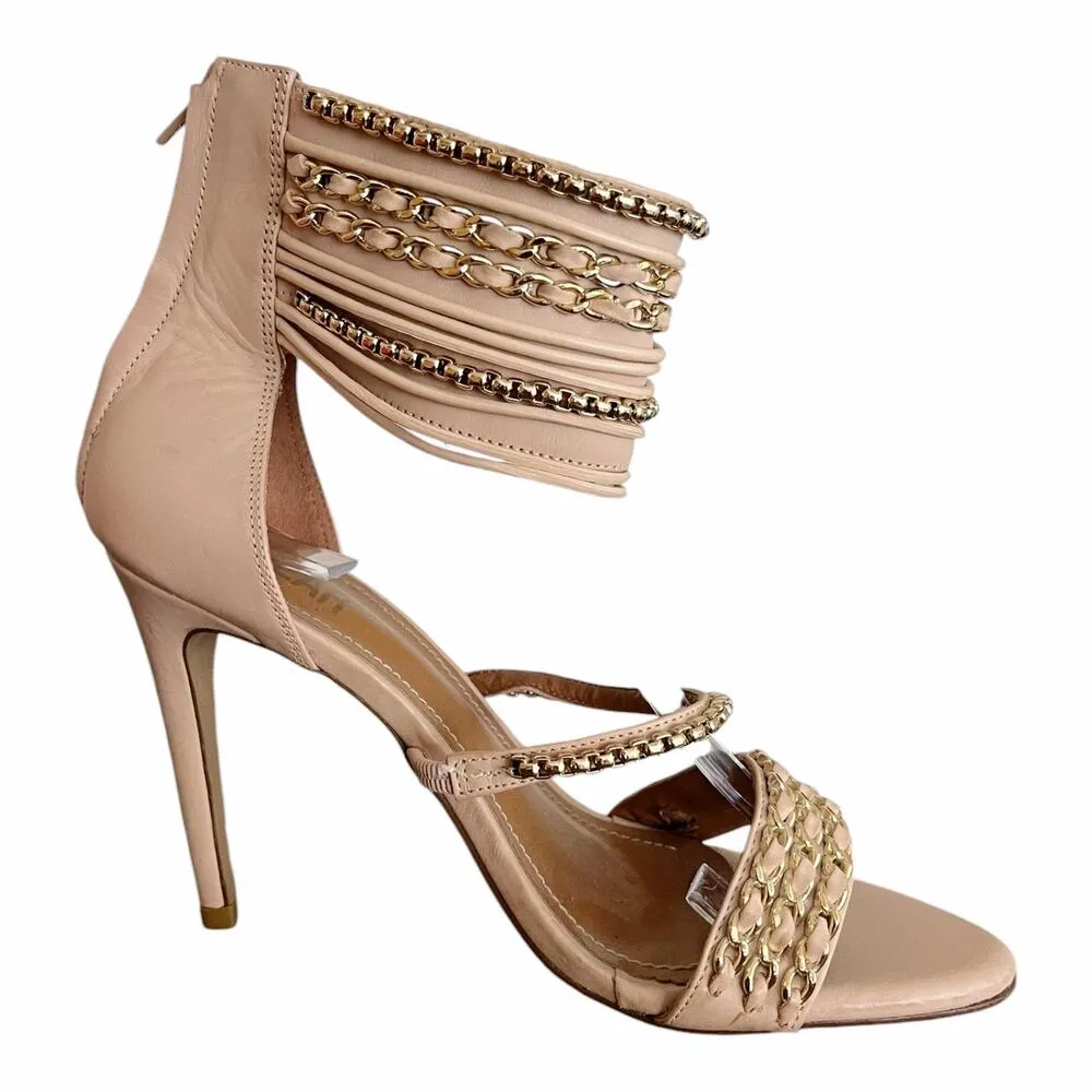 ALVEA Tan Leather Strappy Sandal Chain Stiletto Heels Ankle Strap Zip Closure 8 - Image 5