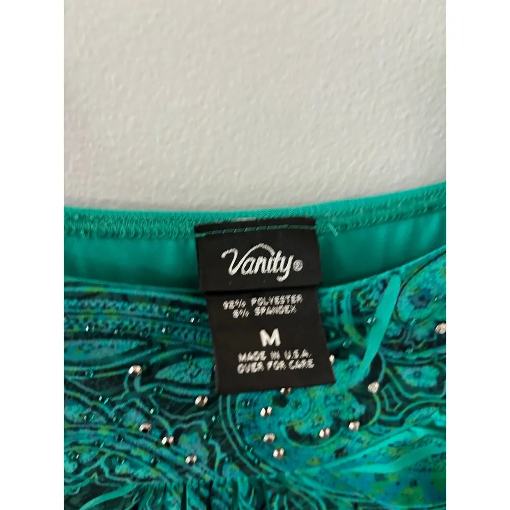 Vanity Womens Y2K Babydoll Dress Size Medium Green Paisley Fairy Mini Sleeveless - Image 4