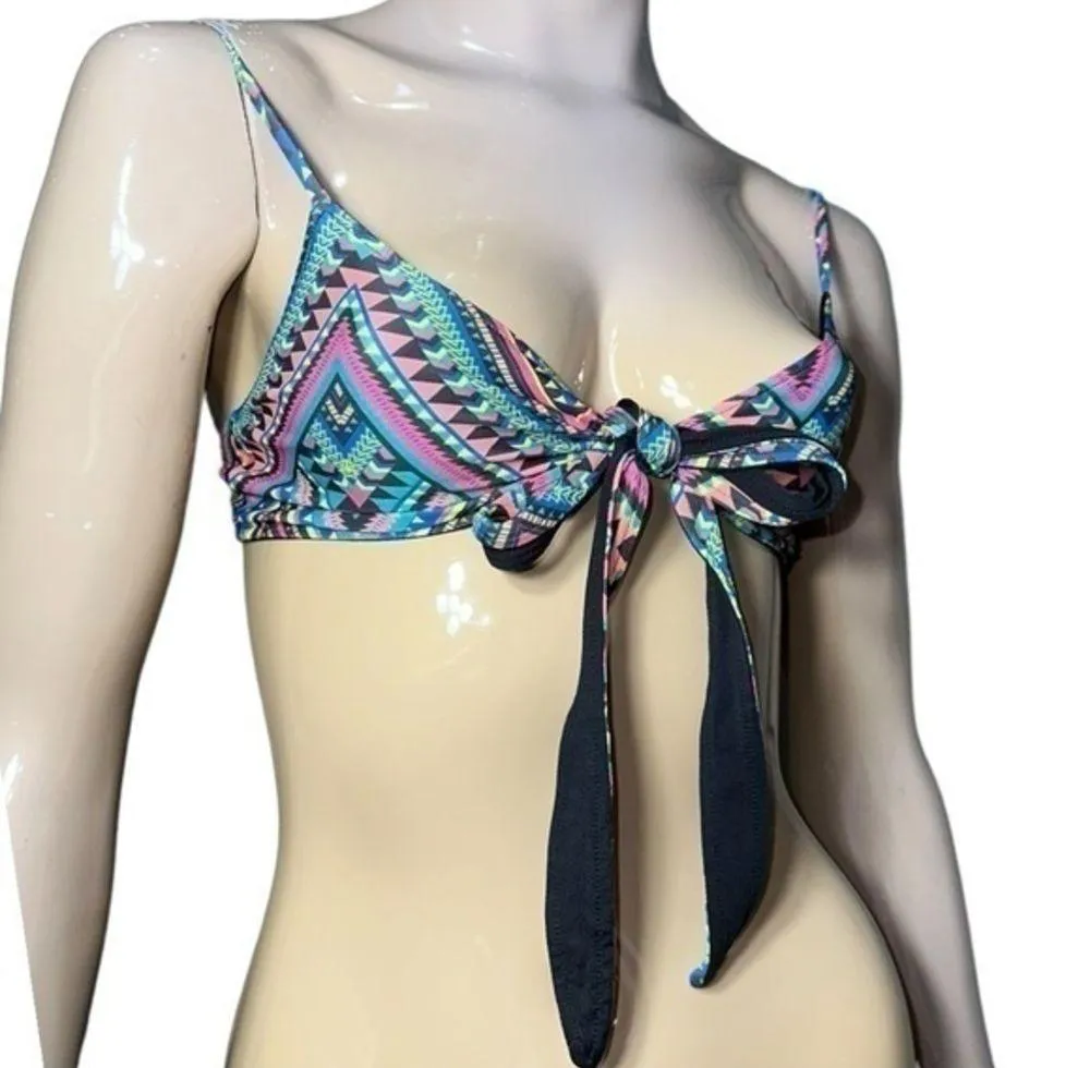 L*Space Women’s S Black Multi Color Aztec Geometric Print Tie Front Bikini Top - Image 2