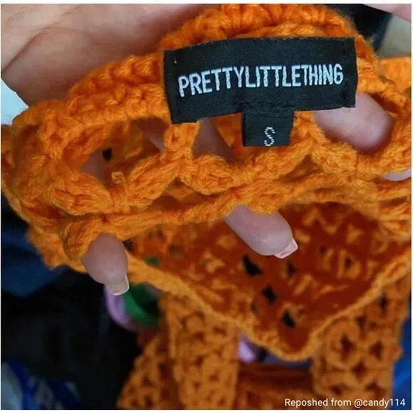 Preloved PrettyLittleThing Orange Crochet‎ Lace-Up Top & Bottom Set (Size S/M) - Image 3