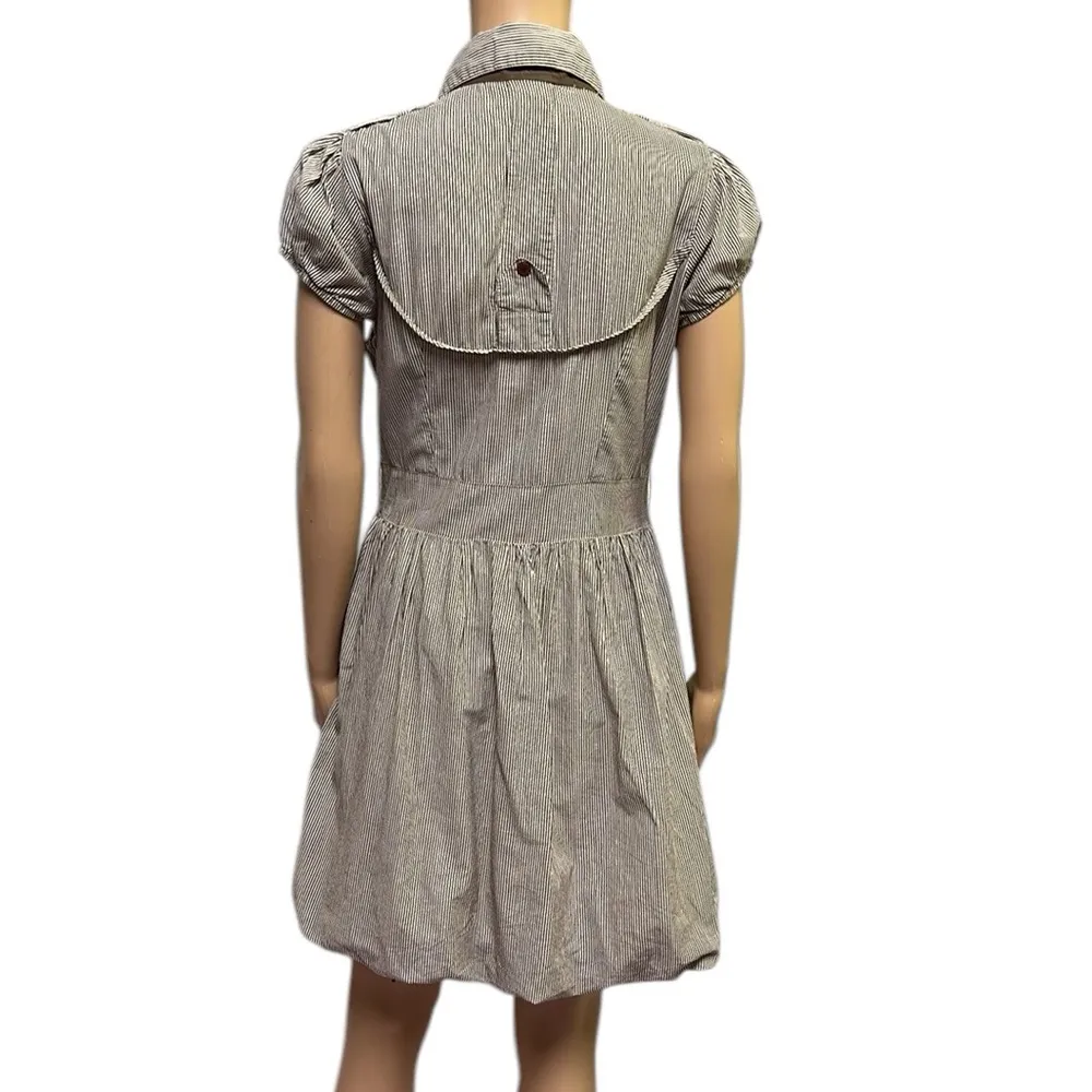 Dots Cotton Short Sleeve Bubble Hem Button Front Collared Striped Dress Small Brown - Image 3