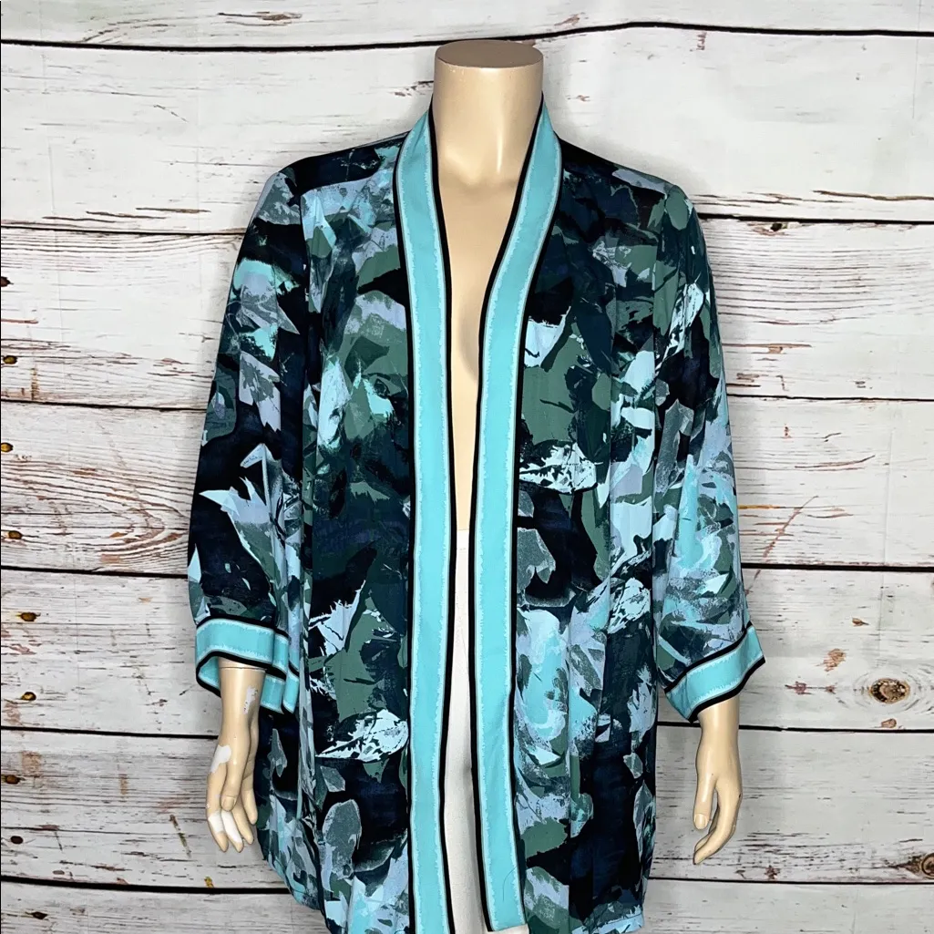 Bob Mackie Wearable Art 3X Blue & Green Floral Print Cardigan Jacket w/ Pockets - Image 2