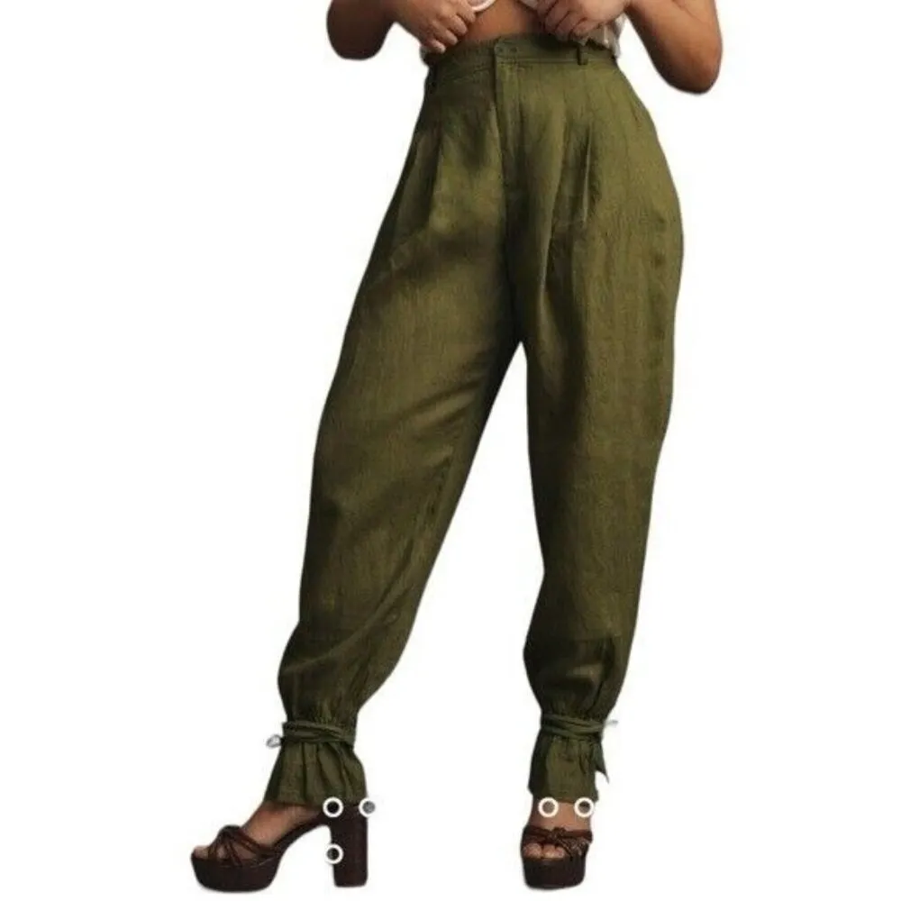 ANTHROPOLOGIE Ankle Tie Linen Trousers Dark Green Size 12 NEW - Image 6