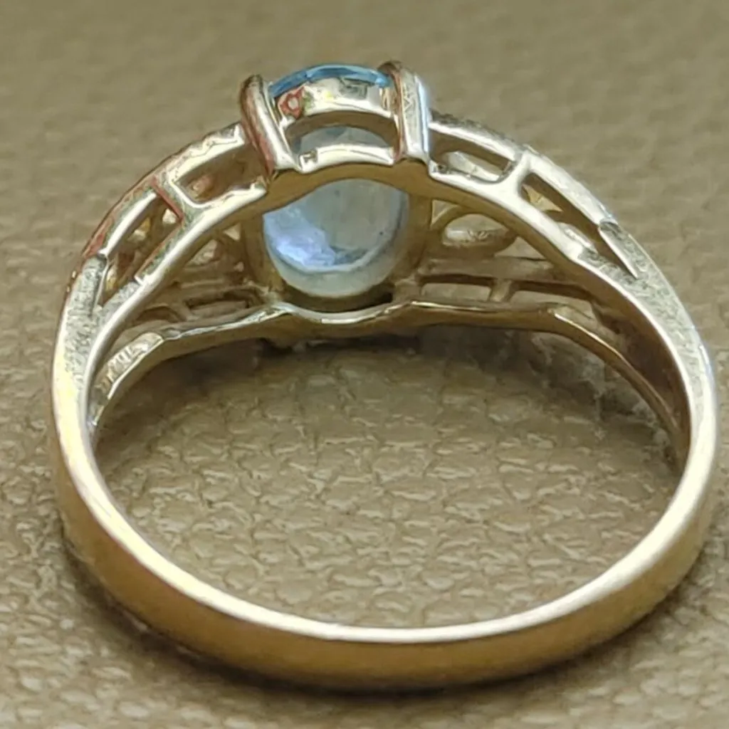 Gold Ring 14K Yellow Blue Aquamarine 8mm Quartz Gemstone Vintage Size 6.25 - Image 6