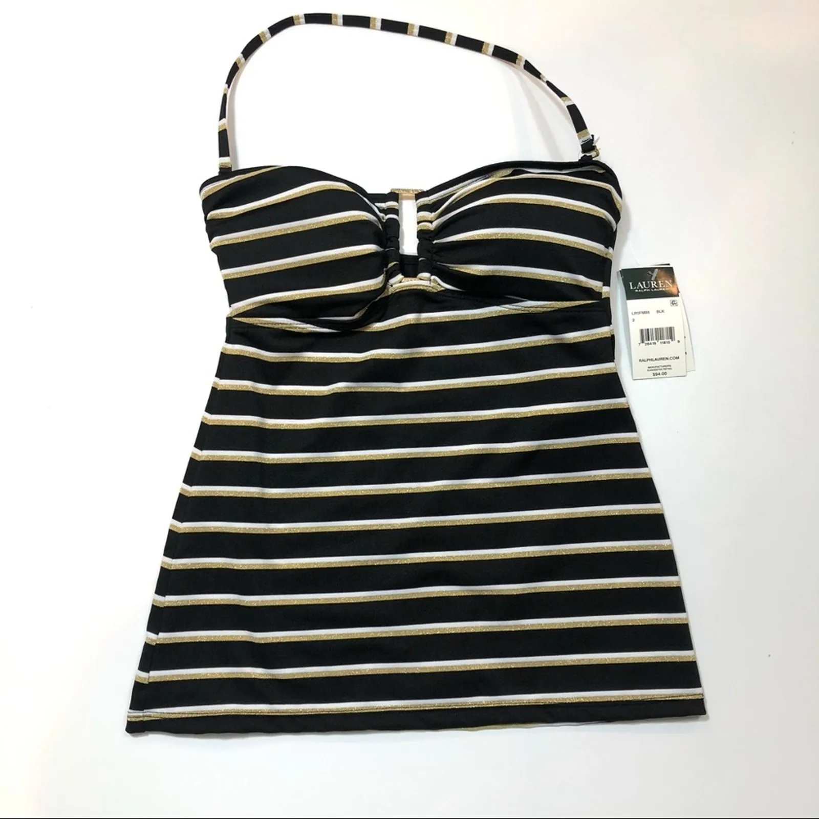 Ralph Lauren BLACK Striped Ring Front Swim Top Size 2 - Image 4
