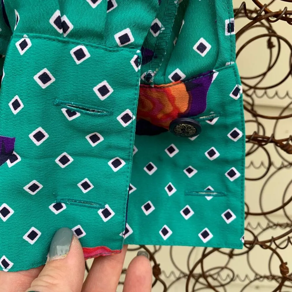 Vintage teal diamond dot rose button down long sleeve secretary blouse Size L - Image 5