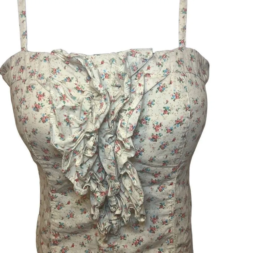 Poetry NWOT Cream Pink Blue Floral Ruffle Front Spaghetti Strap Crop Top Sz S - Image 2