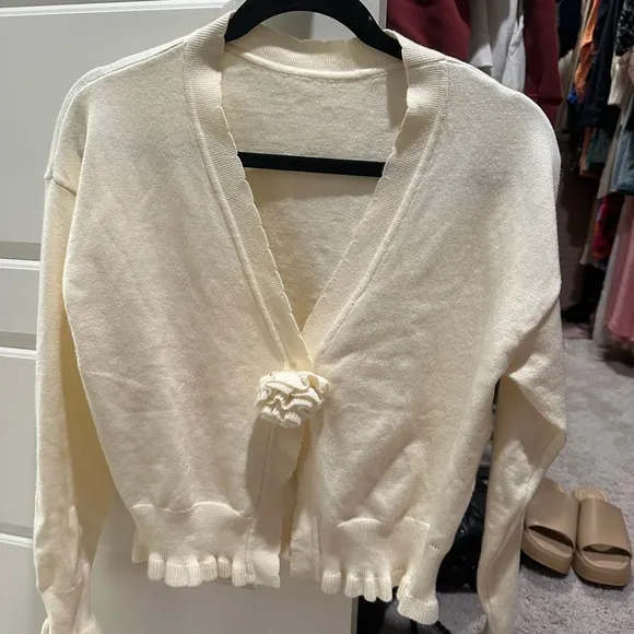 Cream Ruffle Hem Cardigan Sweater - Image 1