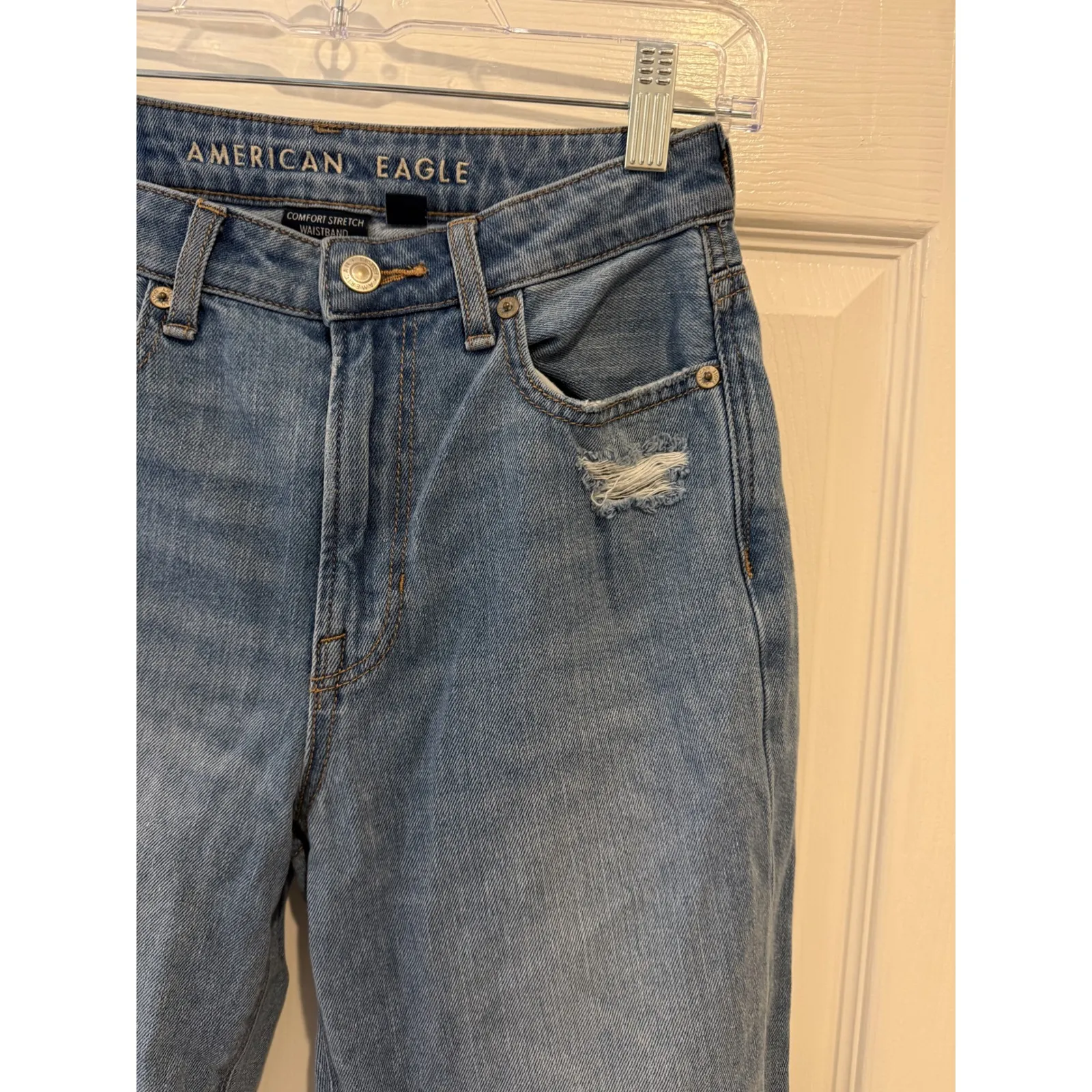 American Eagle Ripped Mom Jeans‎ High Waisted Comfort Stretch Denim Size 0 Blue - Image 2