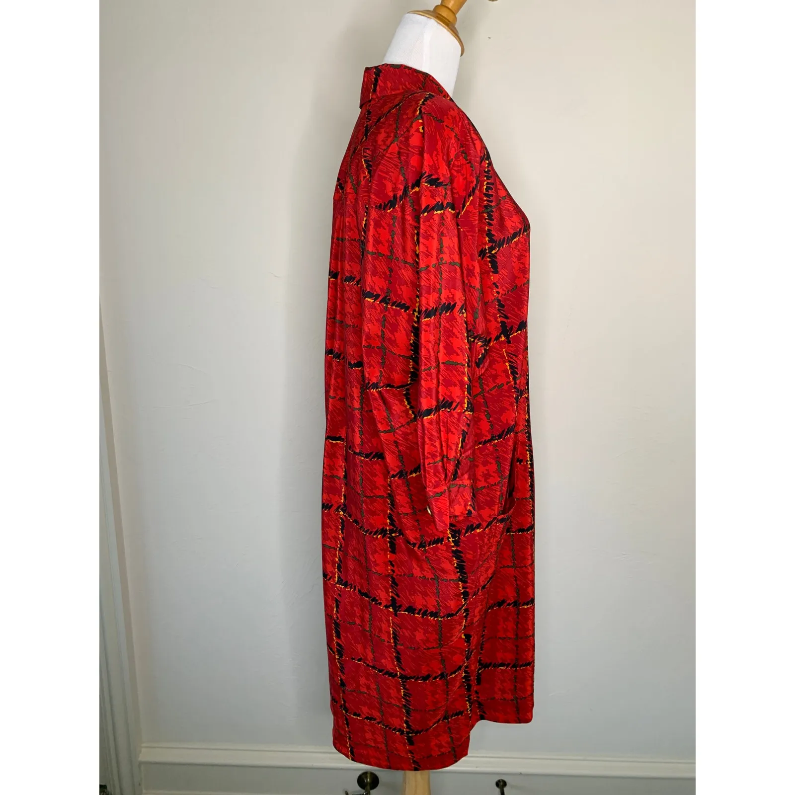 100% Silk Vintage Plaid Shift Dress 3/4 Sleeve 90s Career Indie Sz 8 Red - Image 4