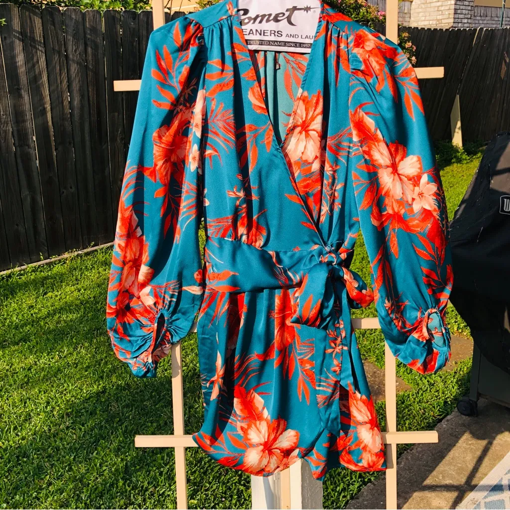 Sweet Lemon TEAL FLORAL SATIN WRAP SHORT DRESS Small Green - Image 4