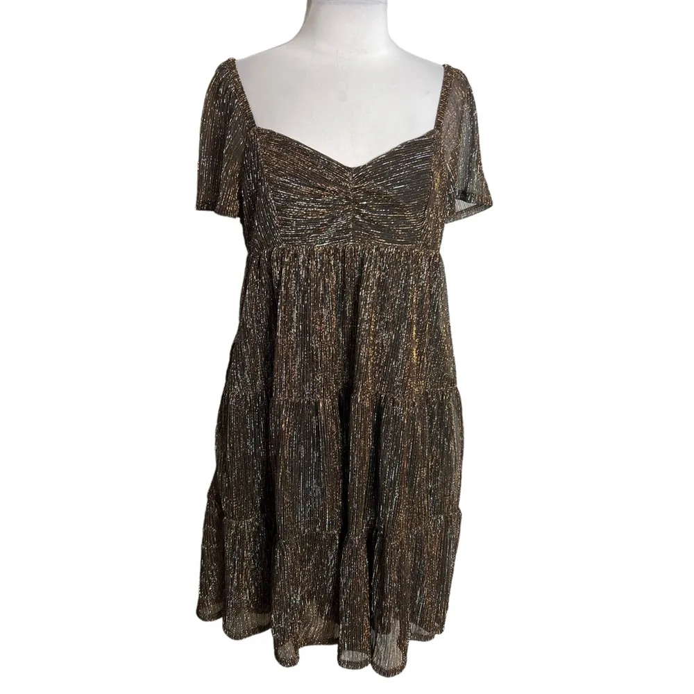 NWT Draper James Emily mini dress lurex plisse bronze silver black Sz S tiered - Image 3