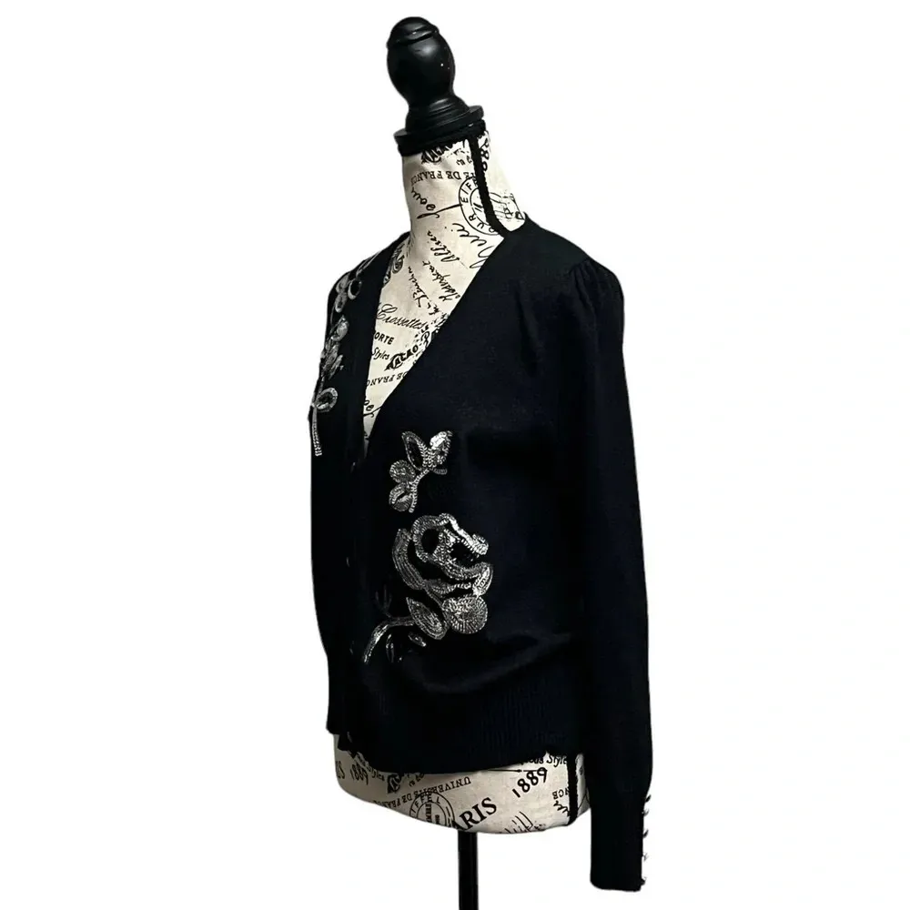 VINTAGE ONCE AGAIN SEQUIN CARDIGAN BLACK LONG SLEEVE MODEST MATURE GRAMMACORE M Size M - Image 2