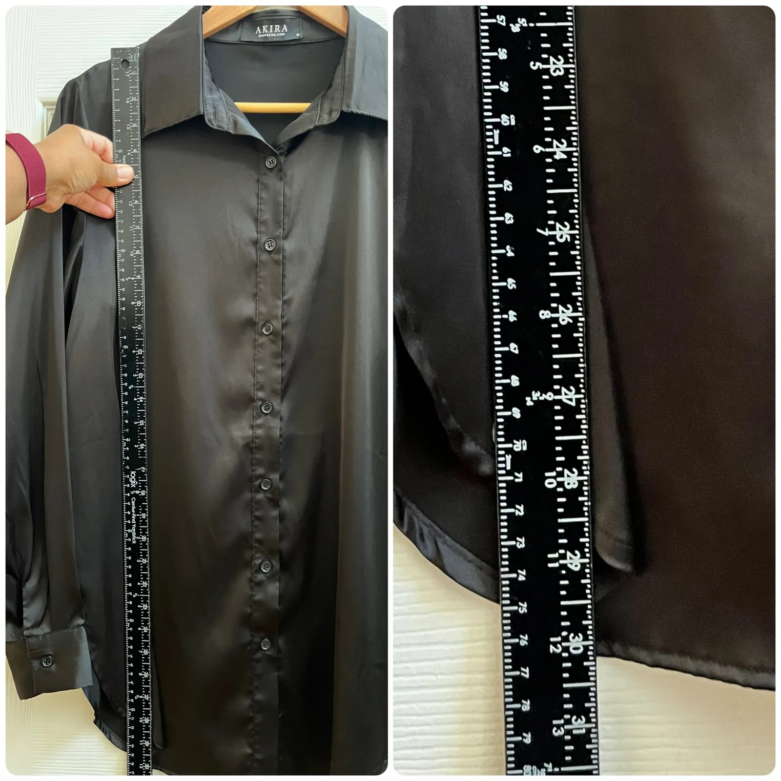 Akira Black Satin Side Slits Button Down Tunic Top Size Medium - Image 7