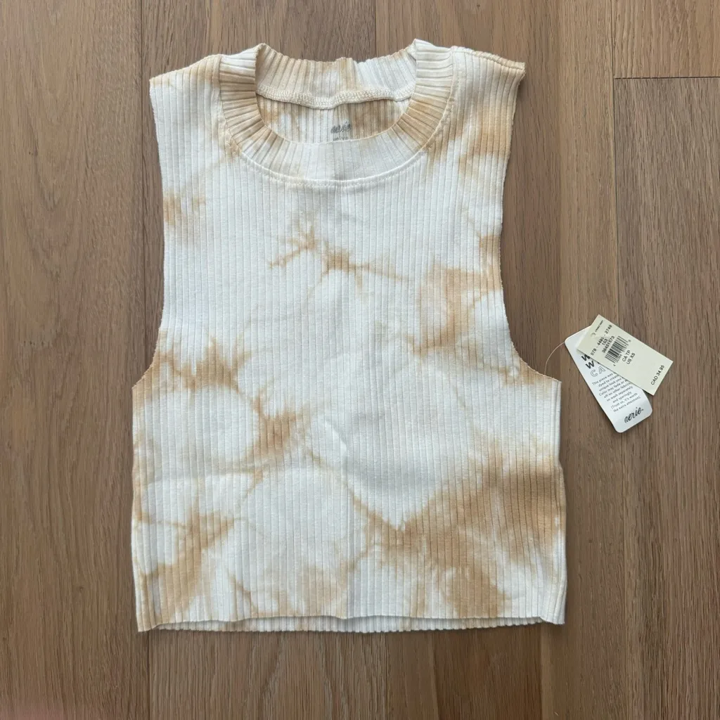 Aerie Rebel Cropped Tan & White Tie Dye Tank Top - Image 3