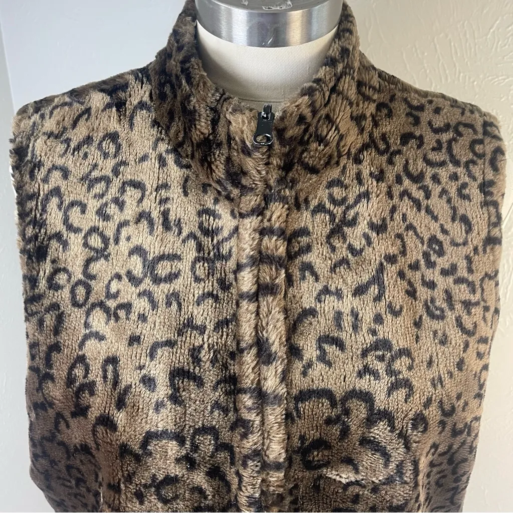 Leopard Faux‎ Fur Vest Brown Black Zip Front Size L Chic Winter Statement Layer Size L - Image 4