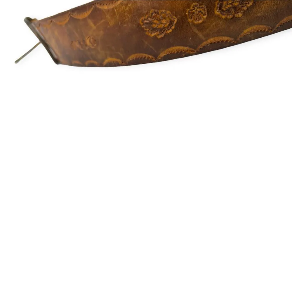 Vintage 70's S/M Toiled Leather Brass Handmade Belt Curt Pressed Design 39" X 2" Brown - Image 4