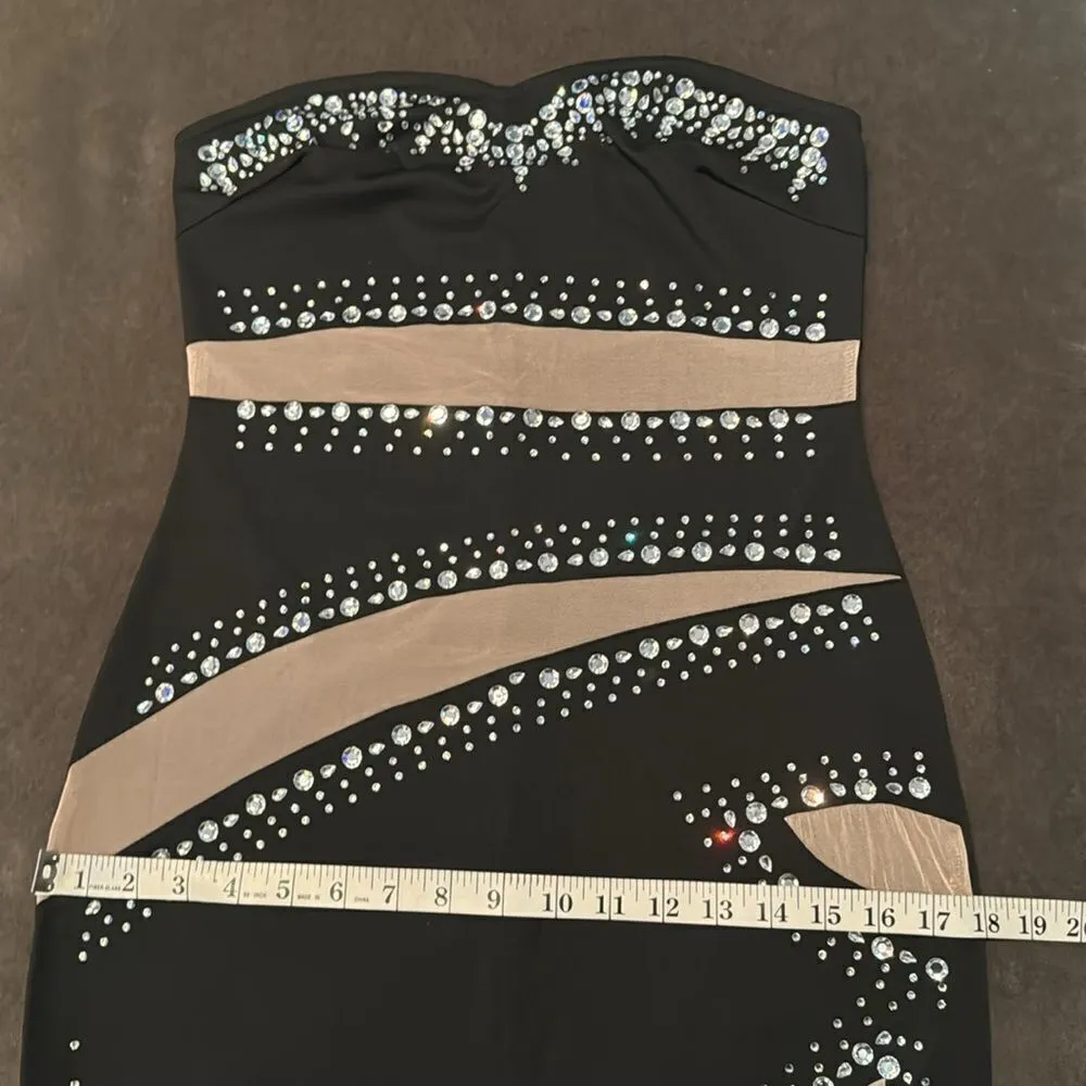 Women’s Strapless Mesh Paneled BodyCon Dress Silver Rhinestone Detail Size M NEW Black Size M - Image 7